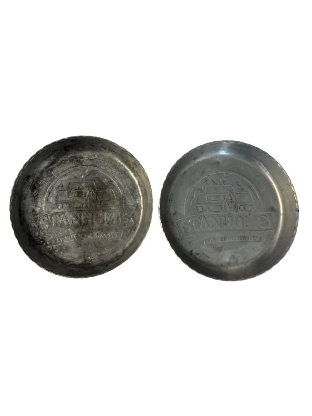Vintage Stanhome Aluminum Advertising Coasters Trinket Dishes Set of 2 Mini Pie